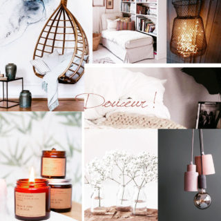 hygge moodboard rocking chair sofa meridienne guirlande lumineuse plaid bougies fleurs nature rose poudre gris